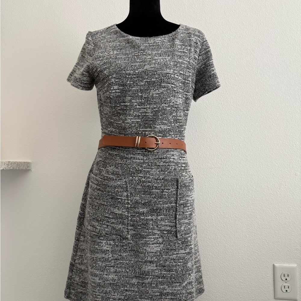LOFT Gray Textured Short-Sleeve A-Line Dress